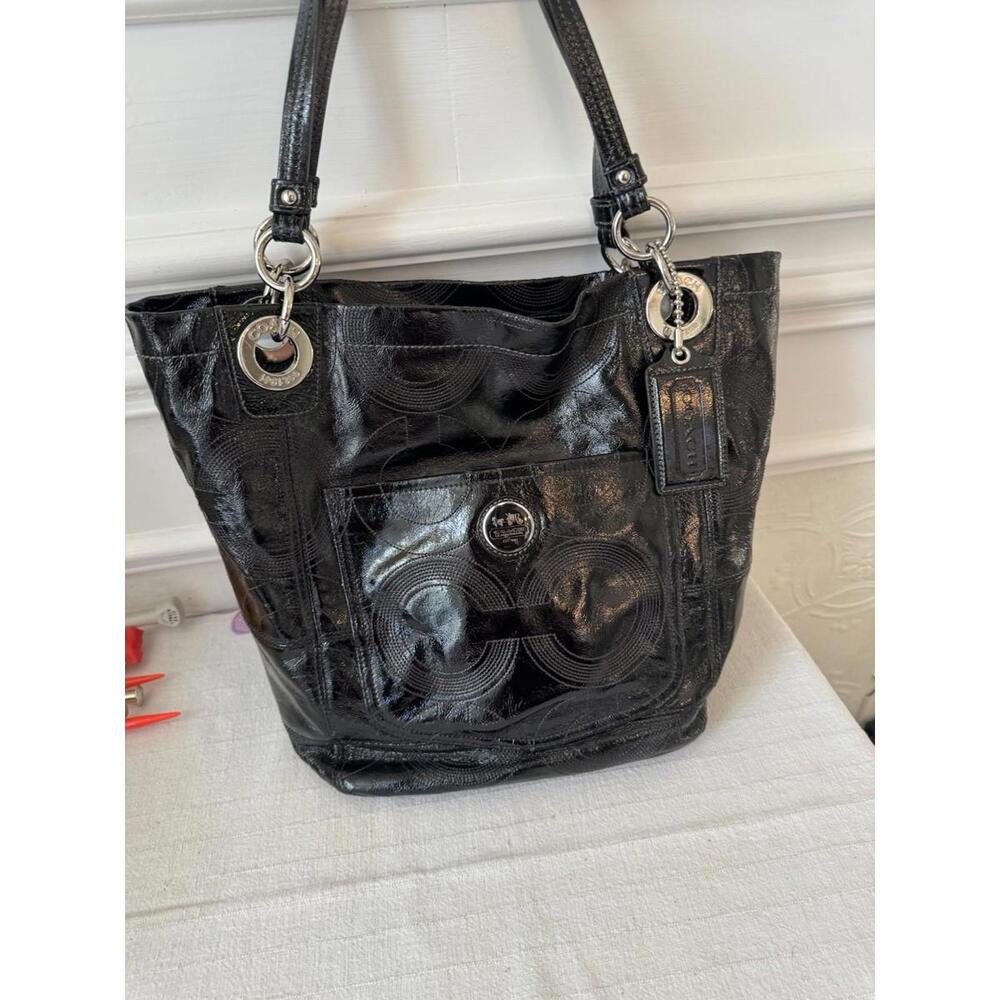 Pre Owned Coach 14265 Black Patent Leather Alex Stitched Handbag Purse CC